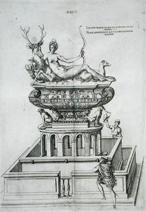 1570年代に出版された「Les Plus Belles Bastiments de France」の噴水のデザイン（エングレービング） 作： J. Androuet  Ducerceau
