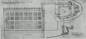 1570年代に出版された「フランスのプラス・ベル・バスティメント」に掲載されたガイヨン城と囲いのある庭園の平面図（エングレーヴィング 作： J. Androuet  Ducerceau