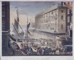 ビリングスゲート マーケットと埠頭、ロンドン、1808 年 作： J Bluck