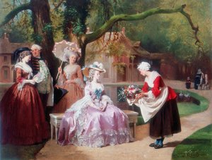 農民の少女からブーケを贈られたウジェニー皇后 作： J Carand