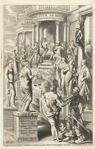 ヘラクレスは人を過去の美徳の擬人化から永遠の名声の神殿へと導く タイトルページ: Idea principis christiano-politica, Centum Symbolis expressa, Brussels 1649 (オブジェクトのタイトル) 作： J. Danoot
