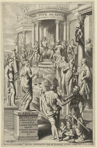 ヘラクレスは人を美徳の過去の擬人化から永遠の名声の神殿へと導く タイトルページ: Idea principis christiano-politica, Centum Symbolis expressa, Brussels 1649 作： J. Danoot