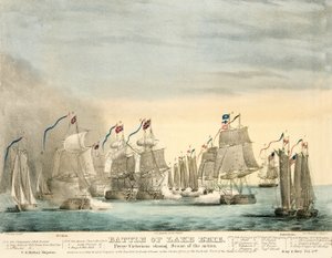 エリー湖の戦い。Perry Victorious closing scene of the Action from Army and Navy Magazine, pub.1840年（彩色済み彫刻 作： J. Evans