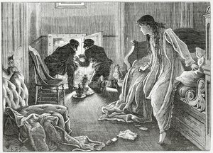 1872年3月23日、 『アップルトンズジャーナル』のスリラー犯罪物語「傷跡の物語」のイラストを枕元から非常に柔らかく上げ、枕の下から短剣を描きました。 作： J. Filmer