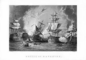 1893年10月20日、ナヴァリノの海戦。 作： J. Godfrey