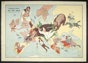 「ヨーロッパのレヴューがイーグルを殺す」と題されたヨーロッパ戦争地域の漫画地図 作： J. H. Amschewitz