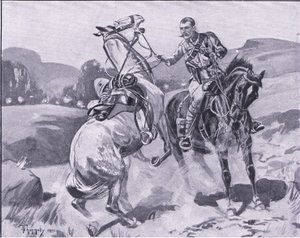 ブラウン少佐、第14 Hussars、重火の下でリートブラウンの馬を保持、イラストfromプレトリア後：ゲリラ戦争、1902 作： J. H. Thorneley