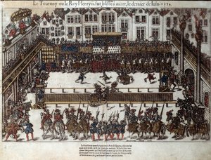 アンリ2世の戦いと死（1559年6月30日）：娘の結婚式（現在のヴォージュ広場）で、アンリ2世はスコットランド親衛隊の隊長ガブリエル・ド・モンゴメリーと戦い、ガブリエルは槍でアンリ2世の目を刺すという暴挙に出た。16世紀に描かれたペ 作： J. J. and Tortorel J. (fl.1568 92) Perrissin