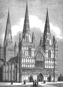 リッチフィールド大聖堂の西正面、スタッフォードシャー、c1843 作： J. Jackson