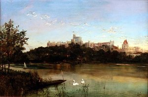 ウィンザー城を背景にテムズ川に浮かぶパントと白鳥の人物像（油彩・キャンバス） 作： J. Lewis