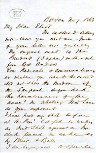 1863年11月7日、ボストンのJ.M.F.[J.M.Forbes]からエリオット[William G. Eliot]への署名入り手紙 作： J. M. Forbes
