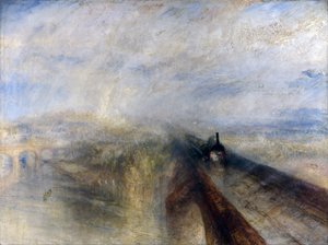 雨、蒸気、スピード - グレート ウェスタン鉄道。 この絵は、ブルネルが最近完成したメイデンヘッド鉄道橋でテムズ川を横断するグレート・ウェスタン鉄道の初期の機関車を描いている。 作： Joseph Mallord William Turner