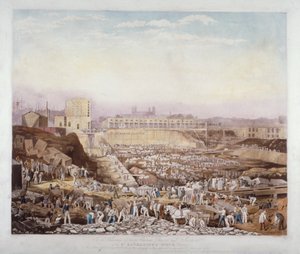 1828 年 1 月、ロンドン、ステップニーのセント キャサリンズ ドックでの建設工事の様子 作： J Phelps