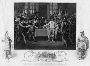 19世紀の長い議会を解散したオリバー・クロムウェル1599-1654。 作： J. Rogers