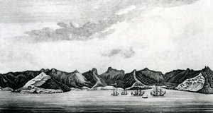 ファン・フェルナンデス島のカンバーランド湾の眺め（1745年頃）（エングレーヴィング 作： J. S. Mason