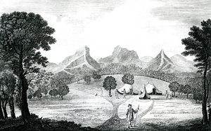 フアン・フェルナンデス島のコモドール・テントの様子（1745年頃）（版画 作： J. S. Mason