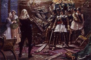 チャールズ1世の支持者の家に侵入するオリバー・クロムウェルの国会議員の兵士（色リソ）