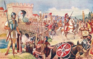 ローマ帝国 - 橋の上を進む兵士の列。 作： J. Williamson