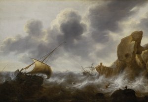 難破船と嵐の中の岩海岸沖の漁船》1664-65年頃（油彩・パネル） 作： Jacob Adriaensz. Bellevois