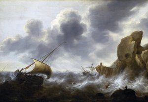 岩だらけの海岸近くで嵐に巻き込まれた漁船と難破船。ヤコブ・アドリアエンス・ベルヴォワ（1621-1675）による油彩・キャンバス。