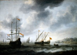 オランダの旗艦De Roode Leeuwとイギリスの2隻の船（油彩・キャンバス） 作： Jacob Adriaensz. Bellevois