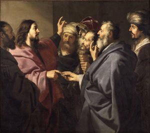 Le paiement du tribut（貢ぎ物のお金）」は、バッカー、ヤコブ・アドリアンスツ（Jacob Adriaensz.(1609-1651).油彩・キャンバス 作： Jacob Adriensz Backer