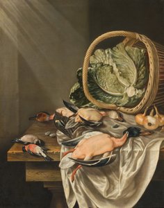 レタス、ジビエ、野菜の入ったバスケットをひっくり返したキッチンの静物画 作： ジェイコブ・ビルティウス