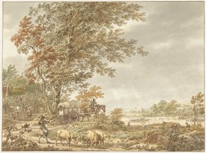 豚飼いや他のスタッフがいる丘陵の風景、遠くに川 作： Jacob  Cats