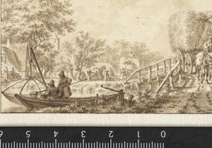 ボートに乗った漁師と橋の上の干し草ワゴンのある風景 作： Jacob  Cats