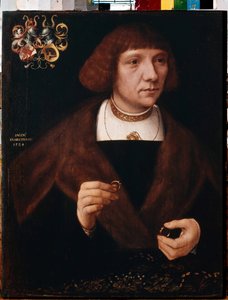 リングを持つ男の肖像。 リングを持つ男性の肖像画。 ヤコブ・ファン・ユトレヒトの絵画（1479年頃～1525年以降） 作： Jacob Claesz. von Utrecht