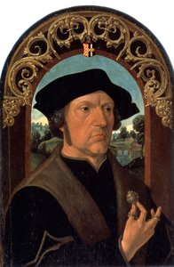 ""Portrait of a man"" (男性の肖像) 手に銀の宝石を持っているオランダのブルジョアジーの男性の肖像。 Jacob Cornelisz van Oostsanenによる絵画（1470年頃～1533年頃） エルミタージュ美術館 サンクトペテルブルク 作： Jacob Cornelisz van Oostsanen