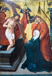 マドンナと福音伝道者聖ヨハネに現れる情熱の象徴で復活したキリスト 作： Jacob Cornelisz van Oostsanen