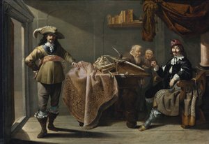ダック、ジェイコブ（1600/10-1667）の「公証人役場での施し」、-木に油彩、32x57-個人蔵 作： Jacob Duck