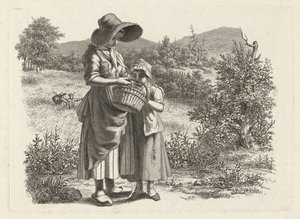 若い女性と子供がかごの中を見る 習作版画作品／Etudes gravées（連載タイトル）