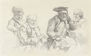 3人の老人と1人の若い女性の学習シート 習作版画作品／Etudes gravées（連載タイトル） 作： Jacob Ernst Marcus