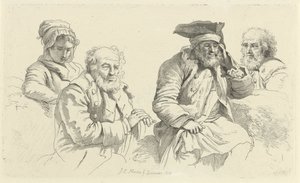 3人の老人と1人の若い女性の学習シート 習作版画作品／Etudes gravées（連載タイトル） 作： Jacob Ernst Marcus