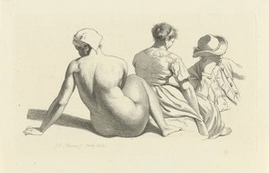座っている裸体と 2 人の人物が描かれた学習シート 習作版画作品／Etudes gravées（連載タイトル） 作： Jacob Ernst Marcus