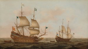 フランス向けに建造された軍艦と帆の下のオランダのヨット 作： Jacob Gerritz Loef