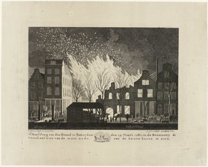 1782年、ロッテルダムのDe Twee Leeuwen醸造所の火災 1782 年 3 月 19 日のロッテルダムの den Brand の画像、Leuvehaven の西側の Brouwery de Twee Leeuwen にある (オブジェクトのタイトル) 作： Jacob Groenendijk