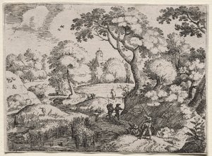 Six Landscapes: 湿地と樹木が茂った堤防の間の道 作： Jacob I Savery