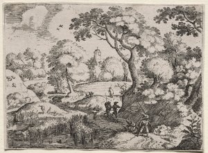 六つの景観：沼地と樹木が茂った銀行の間の道c。 1595年。 作： Jacob I Savery