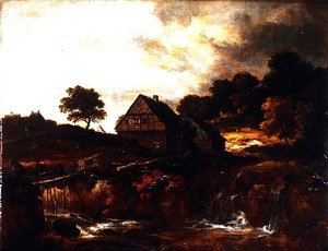 激流にかかる橋の上に農民がいる森の風景 作： Jacob I. van (follower of) Ruisdael