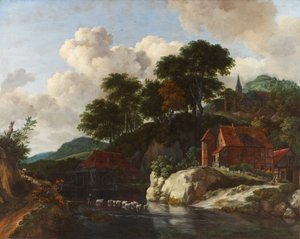 水車のある丘陵の風景、1670年頃