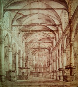 アムステルダムの旧教会（古い教会）の内観（紙に黒鉛と墨） 作： Jacob van Ruisdael