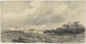 重い曇り空の下で羊飼いのいる風景 作： Jacob Jan van der Maaten
