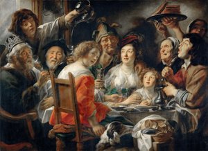 王様の飲み物、またはエピファニーの饗宴での家族の食事 作： Jacob Jordaens
