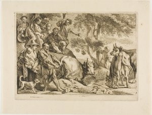 牛のしっぽをつかんで溝から牛を引き抜く主人 作： Jacob Jordaens