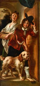 だまし絵で描かれたメイドと帽子を脱ぐ少年と犬 作： ジェイコブ・ヨルダーンス
