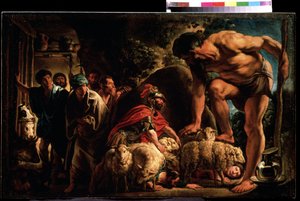 「ポリュフェモスの隠れ家のユリシーズ」ヤコブ・ヨルダーンス (1593-1678) の絵画 プーシキン美術館、モスクワ。 作： Jacob Jordaens