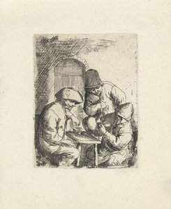 3 人の男性と空の水差し Adriaan van Ostade (シリーズ タイトル) の後のコピー 作： Jacob Laurensz. van der Vinne